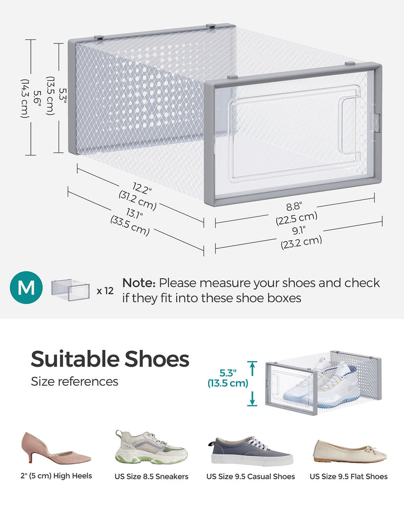 Pack of 12 Stackable Shoe Storage Boxes Transparent and Dove Grey Space Saving by Songmics