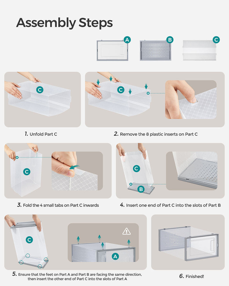 Pack of 12 Stackable Shoe Storage Boxes Transparent and Dove Grey Space Saving by Songmics