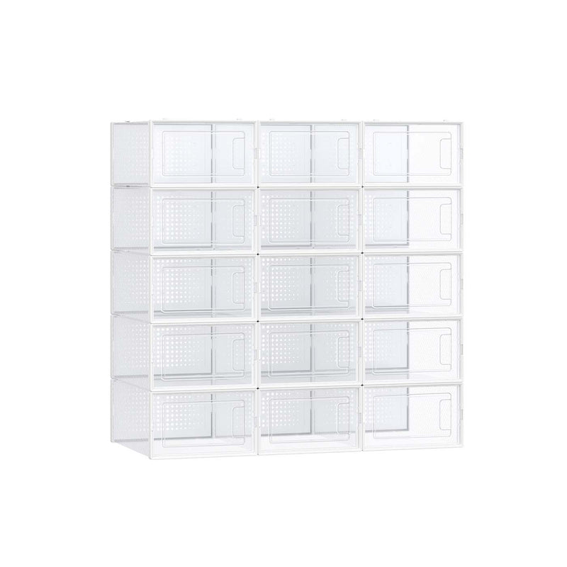 Set of 15 Clear and White Shoe Storage Boxes for UK Size 9 Stackable Design by Songmics