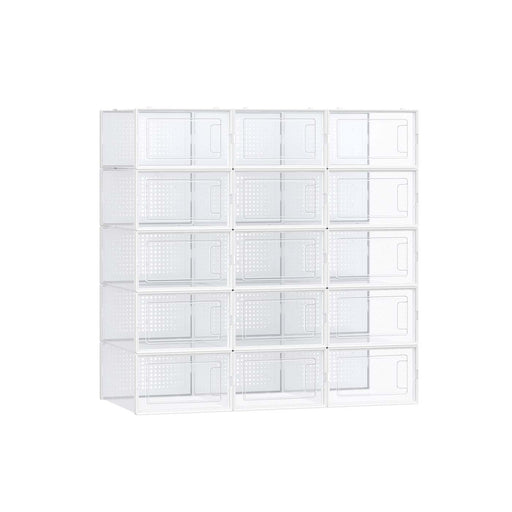 Set of 15 Clear and White Shoe Storage Boxes for UK Size 9 Stackable Design by Songmics