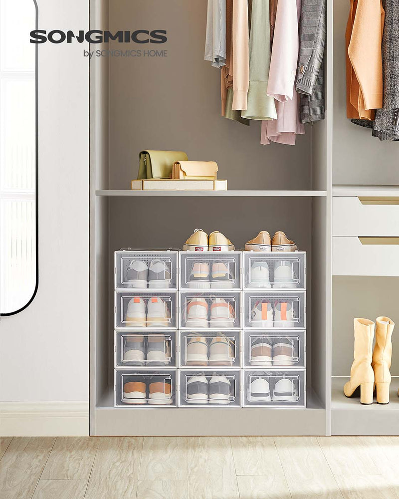 Set of 15 Clear and White Shoe Storage Boxes for UK Size 9 Stackable Design by Songmics
