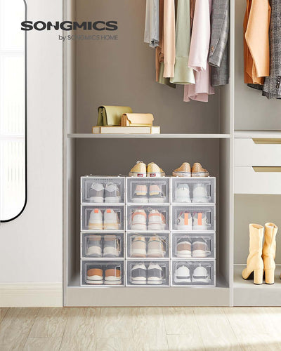 Set of 15 Clear and White Shoe Storage Boxes for UK Size 9 Stackable Design by Songmics