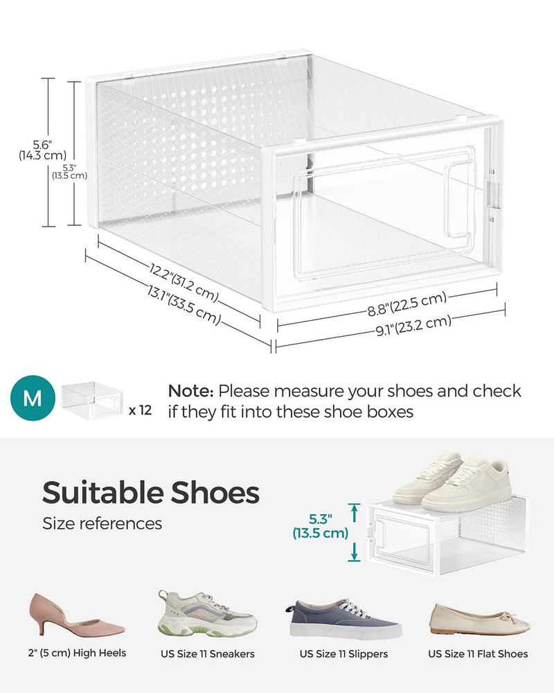 Set of 15 Clear and White Shoe Storage Boxes for UK Size 9 Stackable Design by Songmics