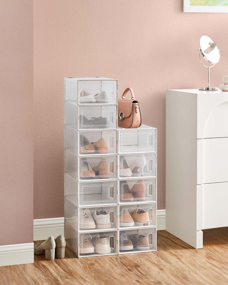 Set of 15 Clear and White Shoe Storage Boxes for UK Size 9 Stackable Design by Songmics