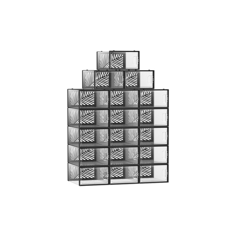 Pack of 18 Stackable Transparent and Black Plastic Shoe Storage Boxes by Songmics