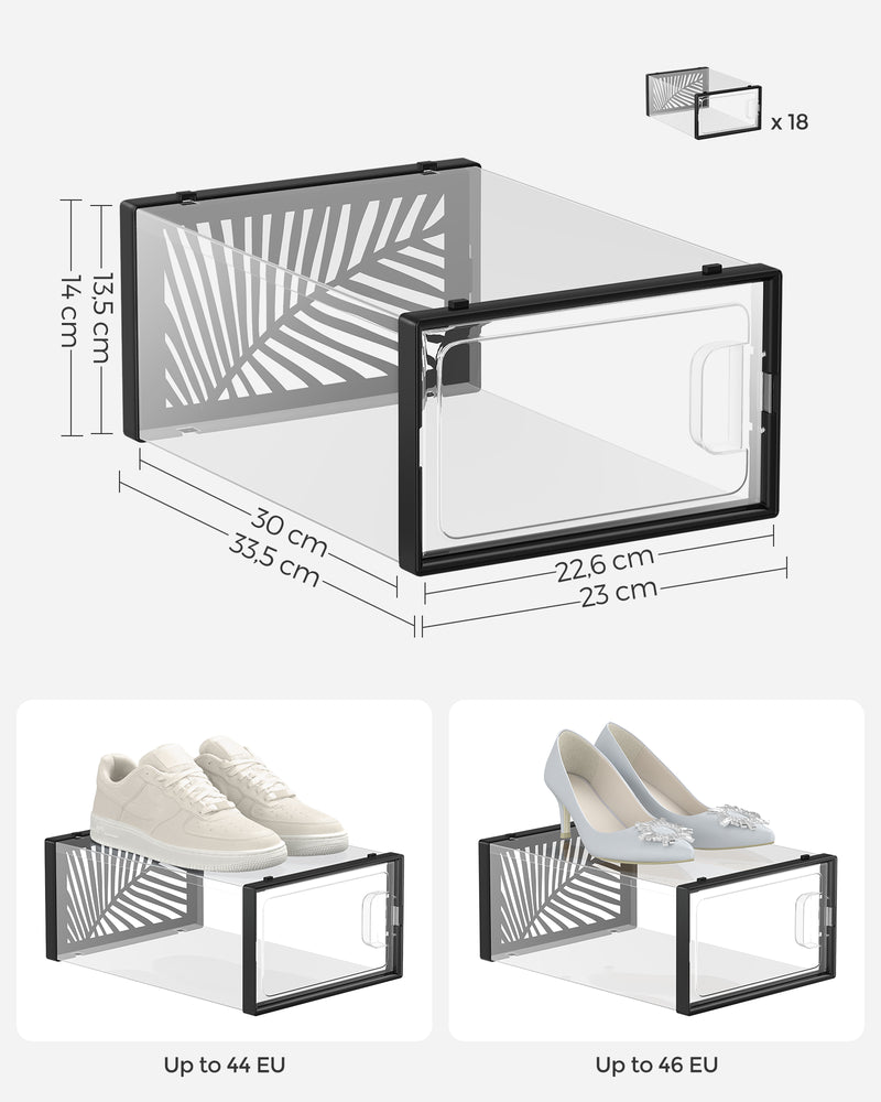 Pack of 18 Stackable Transparent and Black Plastic Shoe Storage Boxes by Songmics