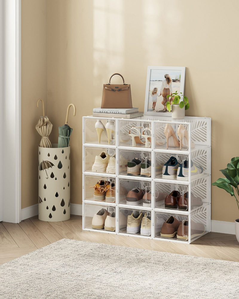 Set of 12 Stackable Transparent and White Shoe Storage Boxes for Organising by Songmics