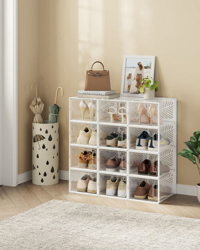 Set of 12 Stackable Transparent and White Shoe Storage Boxes for Organising by Songmics
