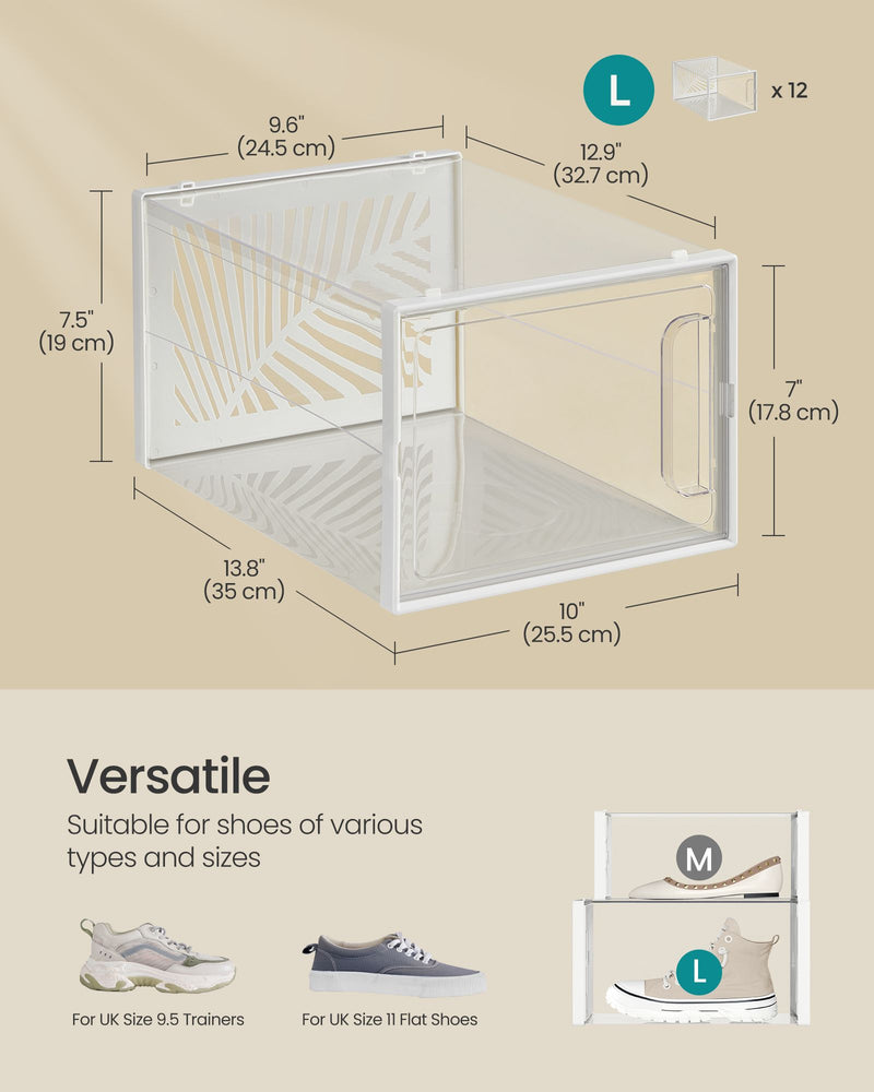 Set of 12 Stackable Transparent and White Shoe Storage Boxes for Organising by Songmics