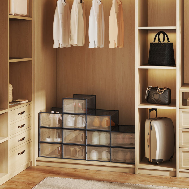 12 Pack Stackable Plastic Shoe Storage Boxes Transparent with Charcoal Blue Lids by Songmics