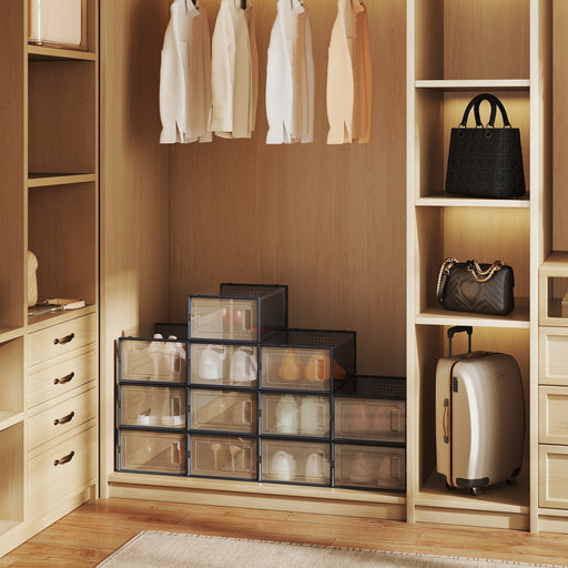 12 Pack Stackable Plastic Shoe Storage Boxes Transparent with Charcoal Blue Lids by Songmics