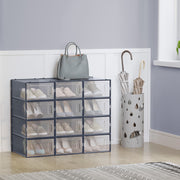 12 Pack Stackable Plastic Shoe Storage Boxes Transparent with Charcoal Blue Lids by Songmics