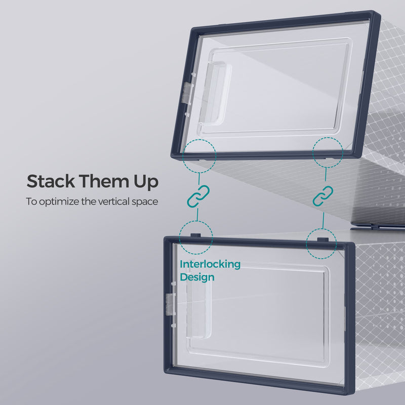 12 Pack Stackable Plastic Shoe Storage Boxes Transparent with Charcoal Blue Lids by Songmics