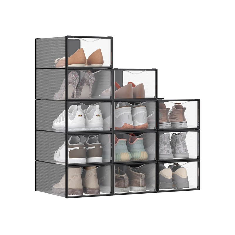 Set of 12 Clear Shoe Storage Boxes Transparent Stackable Organisers in Ink Black by Songmics