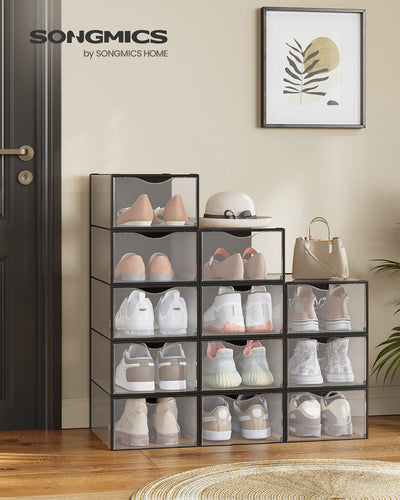 Set of 12 Clear Shoe Storage Boxes Transparent Stackable Organisers in Ink Black by Songmics