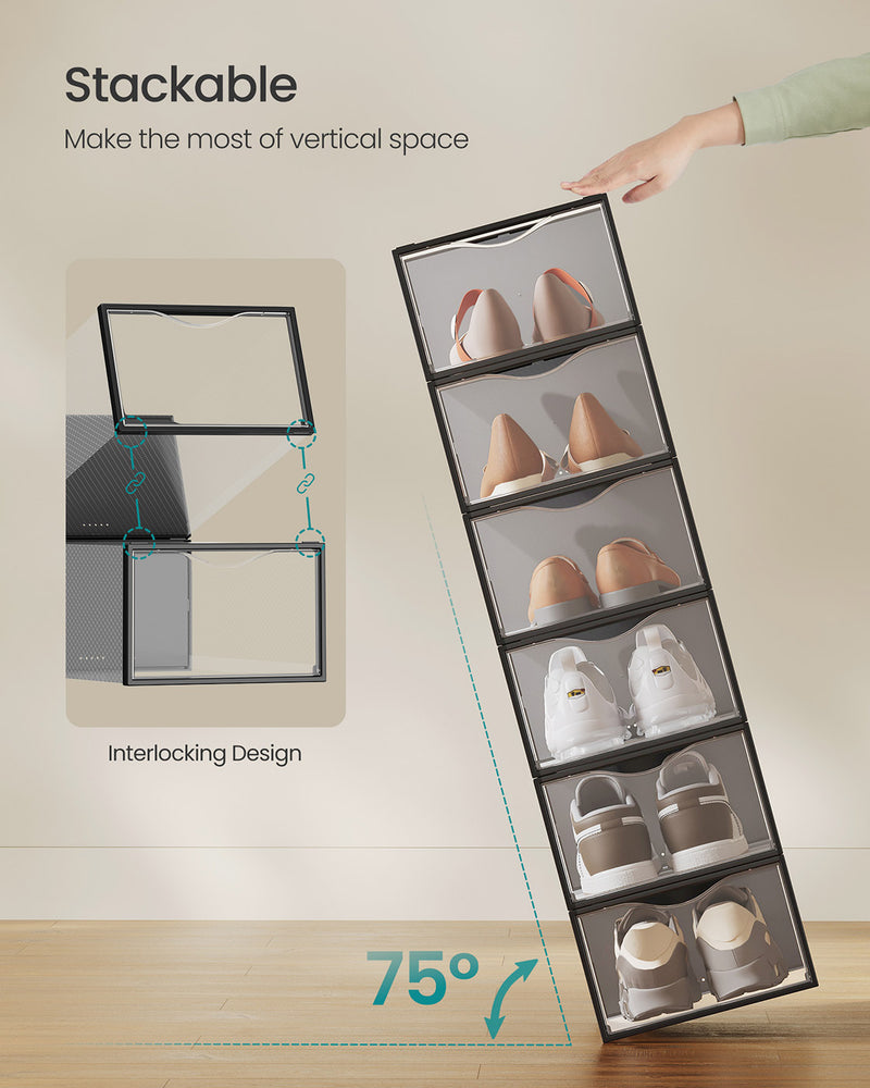 Set of 12 Clear Shoe Storage Boxes Transparent Stackable Organisers in Ink Black by Songmics