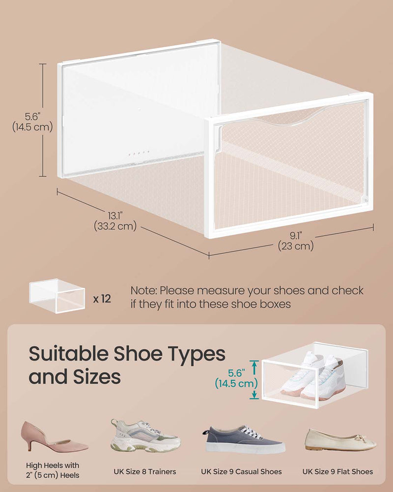 Set of 12 Clear Shoe Storage Boxes Fits UK Size 9 Stackable and Durable by Songmics