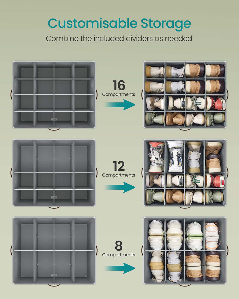 Grey Fabric Shoe Storage Box with Adjustable Dividers for Organising Footwear by Songmics