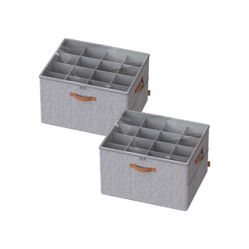 Set of 2 Grey Fabric Shoe Storage Boxes with Adjustable Dividers for Organised Wardrobes by Songmics