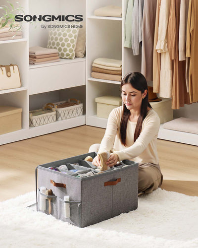 Set of 2 Grey Fabric Shoe Storage Boxes with Adjustable Dividers for Organised Wardrobes by Songmics