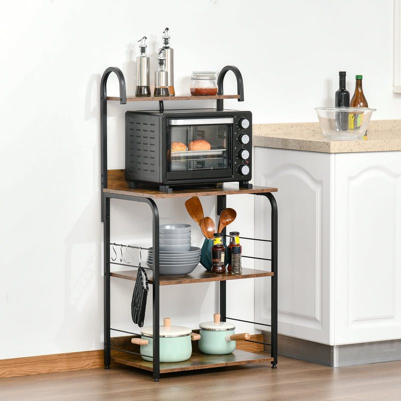 Kitchen Shelf Unit with 4 Shelves and Side Hooks for Compact Storage Rustic Brown