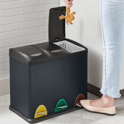 Metal Pedal Bin Set 3x8L with Lids and Inner Buckets for Waste and Recycling by Songmics