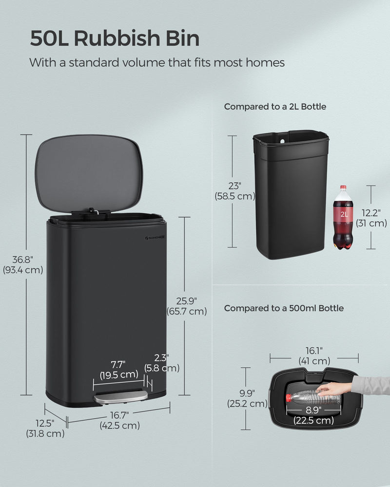 50L Kitchen Pedal Bin in Ink Black with Soft Close Lid and Steel Body by Songmics