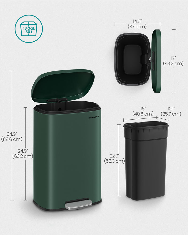13 Gallon Retro Green Pedal Bin with Step-On Lid for Kitchen Rubbish Disposal by Songmics
