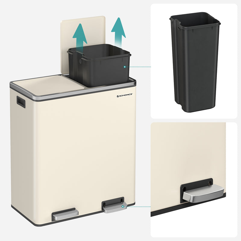 Cream Step Open Rubbish Bin with Dual Compartments and Removable Buckets by Songmics