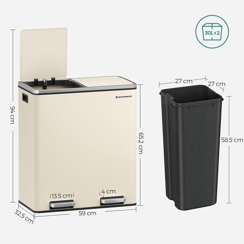 Cream Step Open Rubbish Bin with Dual Compartments and Removable Buckets by Songmics