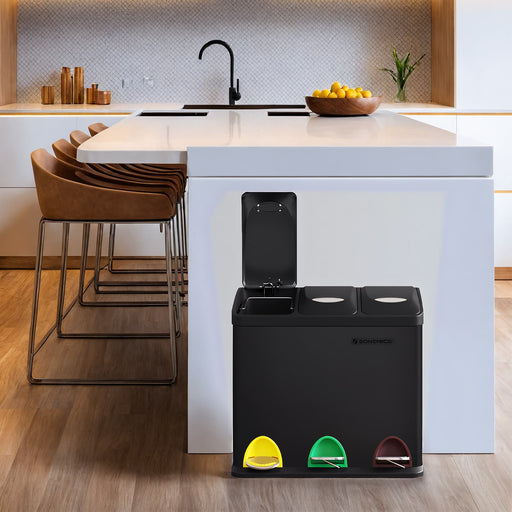 Triple Metal Kitchen Recycling Pedal Bin with Lids and Inner Buckets for Kitchen Waste by Songmics