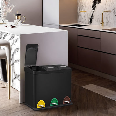 Triple Metal Kitchen Recycling Pedal Bin with Lids and Inner Buckets for Kitchen Waste by Songmics
