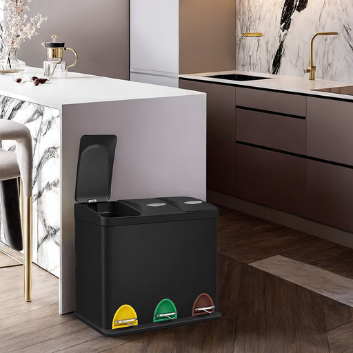 Triple Metal Kitchen Recycling Pedal Bin with Lids and Inner Buckets for Kitchen Waste by Songmics