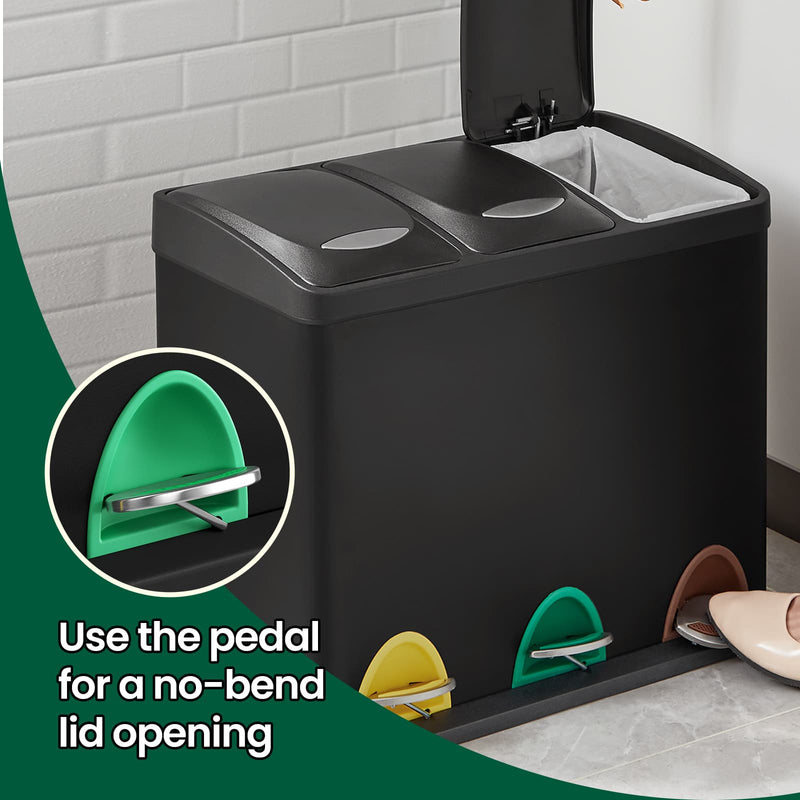 Triple Metal Kitchen Recycling Pedal Bin with Lids and Inner Buckets for Kitchen Waste by Songmics
