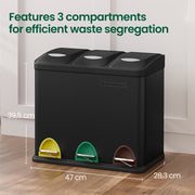Triple Metal Kitchen Recycling Pedal Bin with Lids and Inner Buckets for Kitchen Waste by Songmics