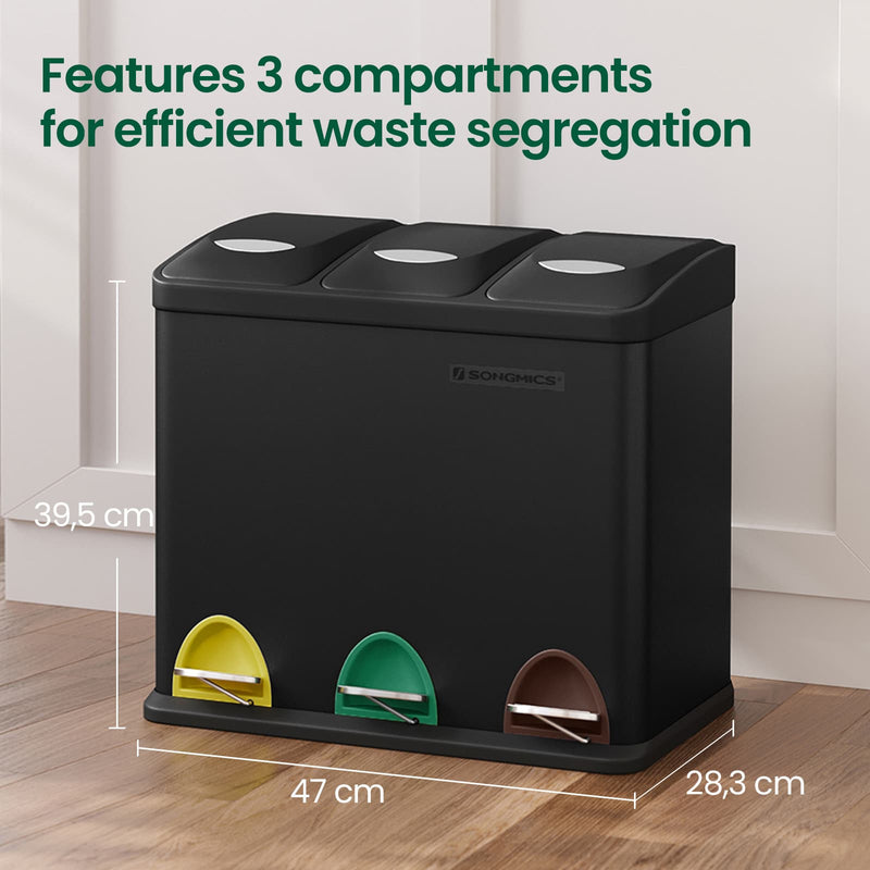 Triple Metal Kitchen Recycling Pedal Bin with Lids and Inner Buckets for Kitchen Waste by Songmics