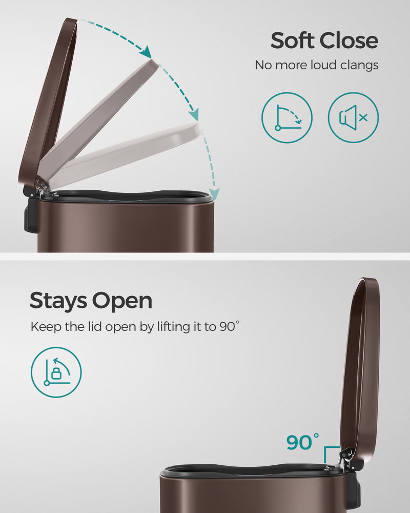 13 Gallon Steel Pedal Bin with Soft Close Lid in Walnut Brown for Kitchen Use by Songmics