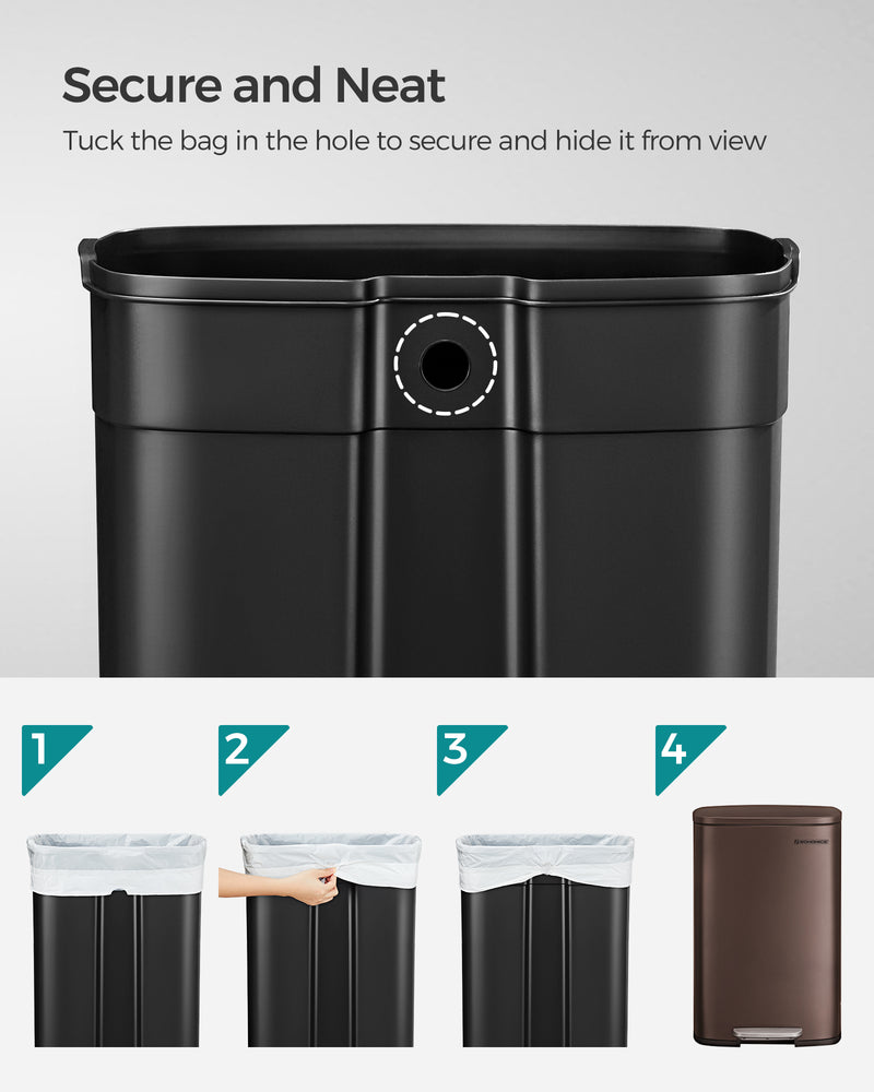 13 Gallon Steel Pedal Bin with Soft Close Lid in Walnut Brown for Kitchen Use by Songmics