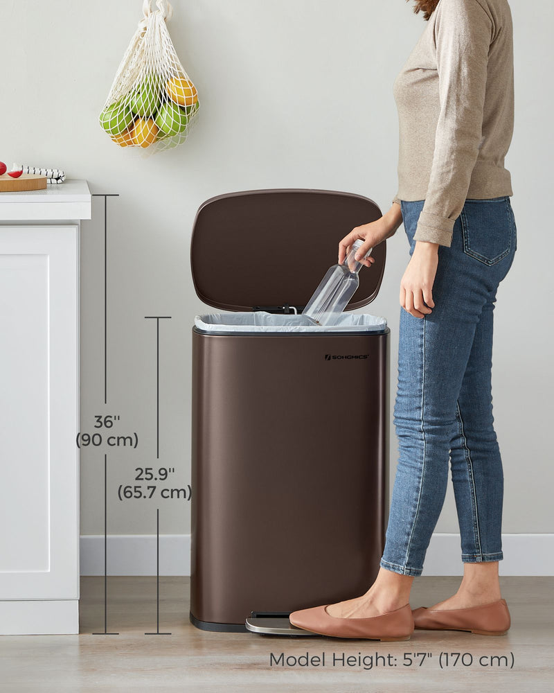 13 Gallon Steel Pedal Bin with Soft Close Lid in Walnut Brown for Kitchen Use by Songmics