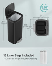 68L Kitchen Rubbish Bin with Soft Close Lid and Pedal for Home or Office by Songmics