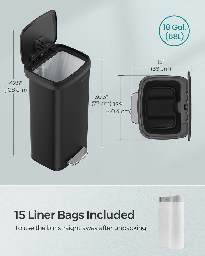 68L Kitchen Rubbish Bin with Soft Close Lid and Pedal for Home or Office by Songmics