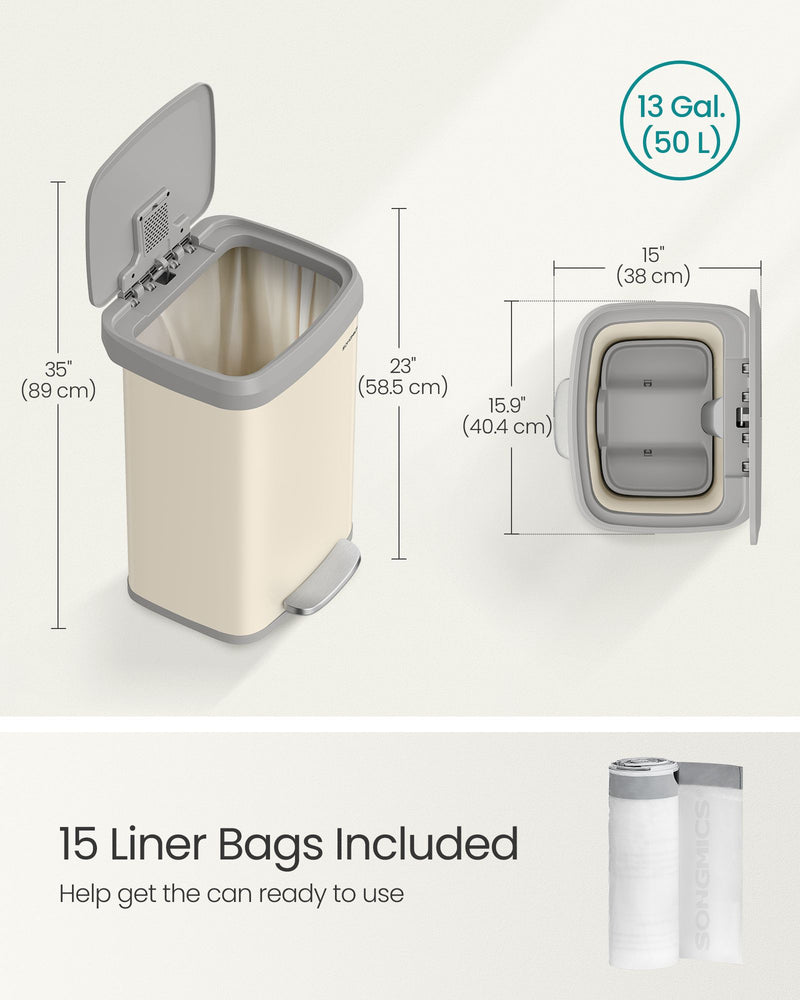 Metal Pedal Bin with Soft Close Lid in Sand Beige and Dove Grey for Rubbish by Songmics