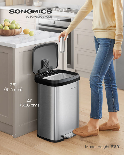 50L Kitchen Rubbish Bin with Pedal and Soft Close Lid in Stainless Steel by Songmics