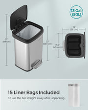 50L Kitchen Rubbish Bin with Pedal and Soft Close Lid in Stainless Steel by Songmics
