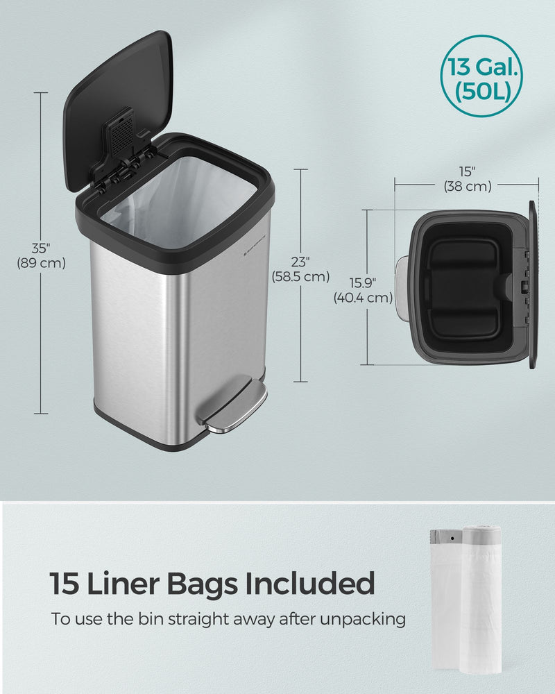 50L Kitchen Rubbish Bin with Pedal and Soft Close Lid in Stainless Steel by Songmics