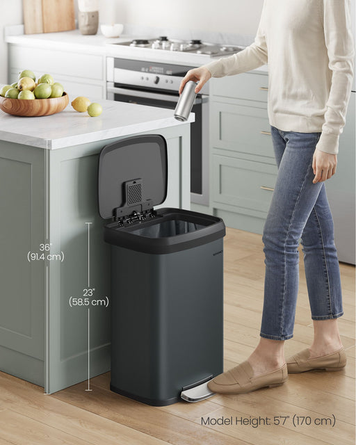 Charcoal Grey and Black Metal Pedal Bin with Soft Close Lid for Kitchen or Office by Songmics