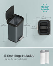 Charcoal Grey and Black Metal Pedal Bin with Soft Close Lid for Kitchen or Office by Songmics