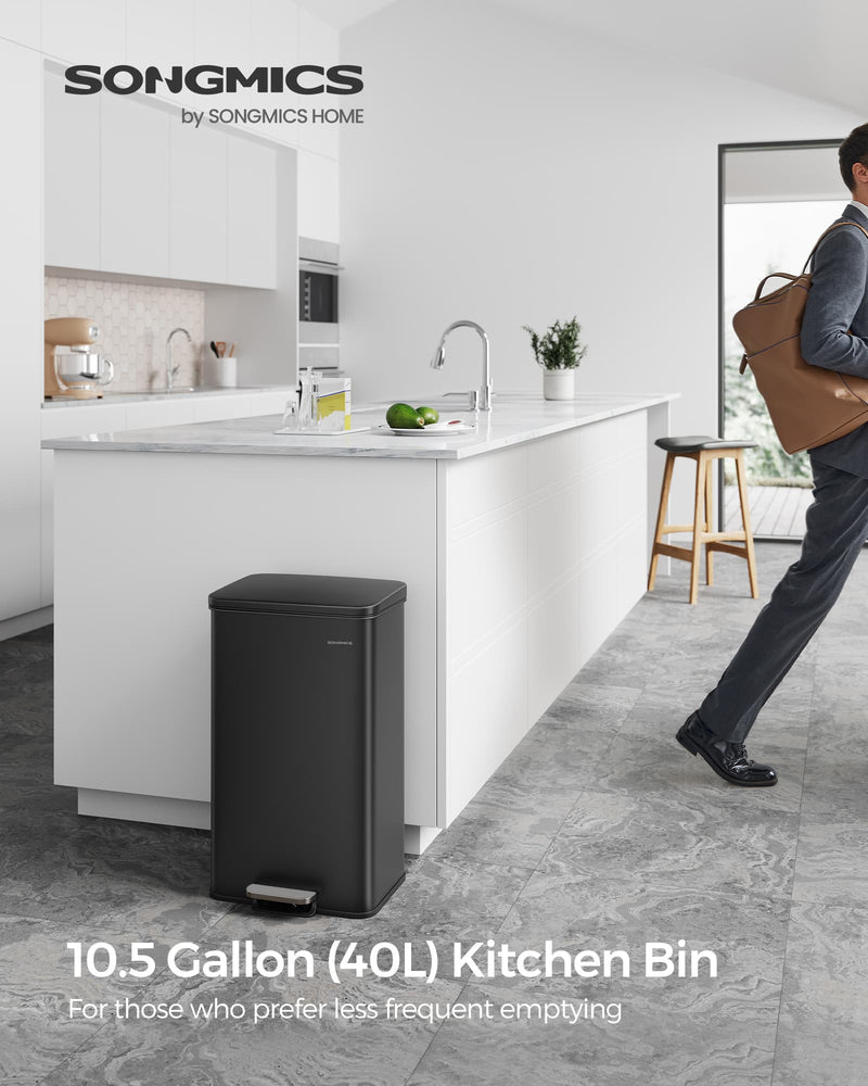 Large 40L Black Steel Kitchen Bin with Soft Close Lid and 15 Liner Bags by Songmics