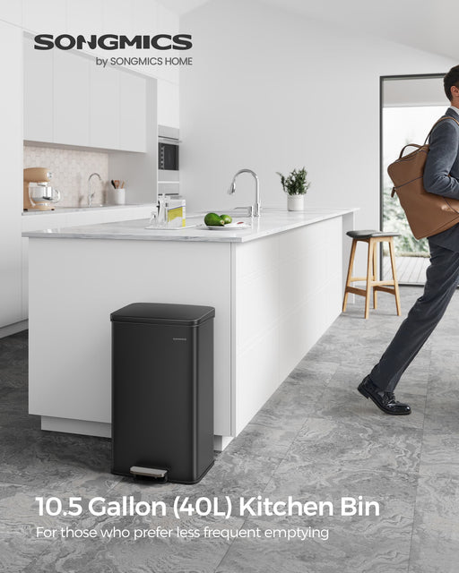 Large 40L Black Steel Kitchen Bin with Soft Close Lid and 15 Liner Bags by Songmics