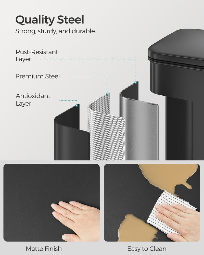 Large 40L Black Steel Kitchen Bin with Soft Close Lid and 15 Liner Bags by Songmics